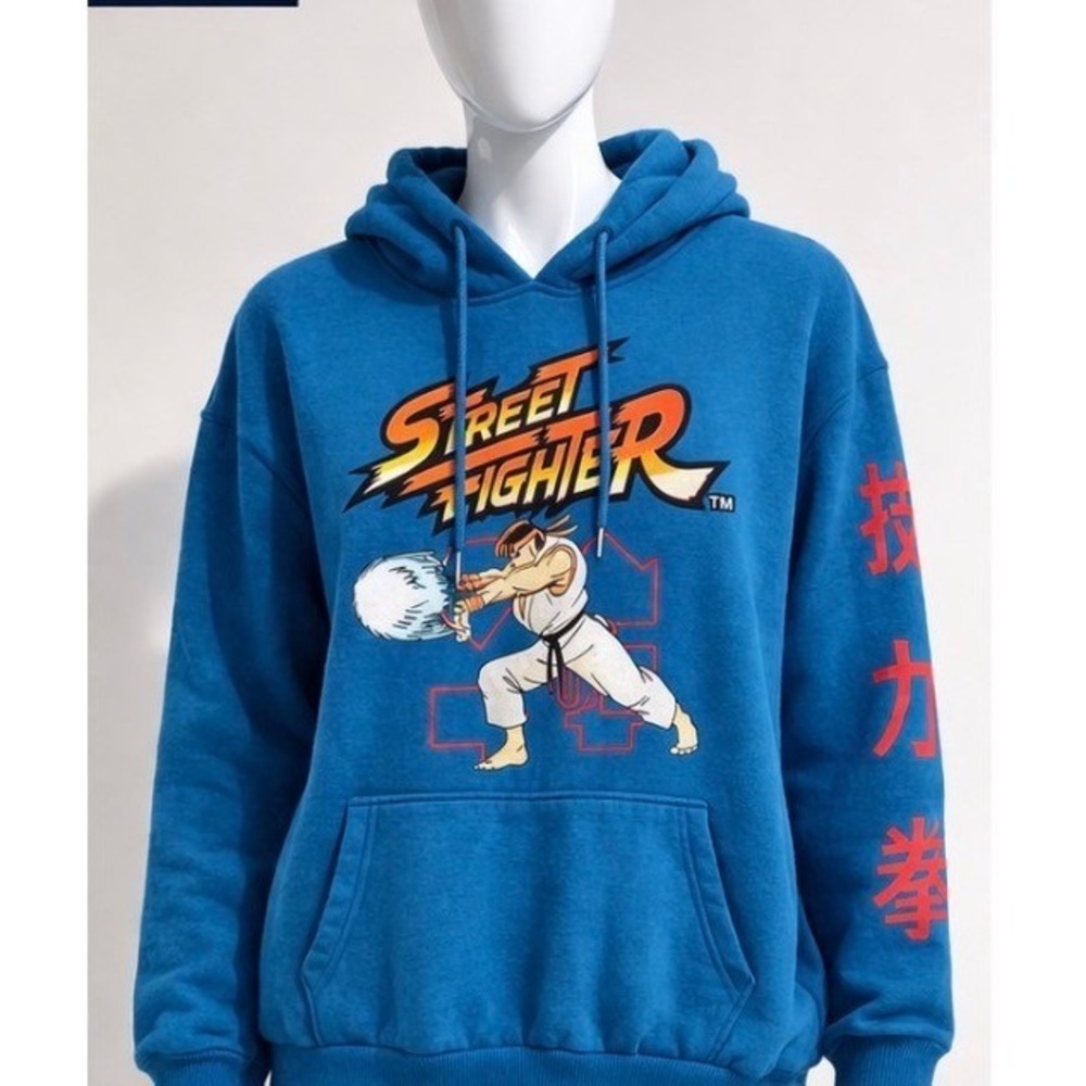 Street Fighter Ryu Hoodie Blue Graphic Sweatshirt Capcom Men Medium Retro Gaming